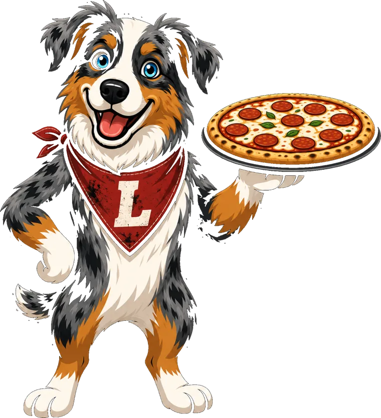 Longshot Loki, an Australian Shepherd, holding a pepperoni pizza