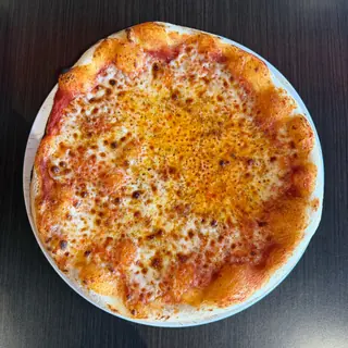 The House Cheese, a Longshot specialty pizza seen from above: house Marinara, Grande Mozzarella & Provolone, Two-Day Dough, Brick-Oven Fired, on a blistered brick-oven crust