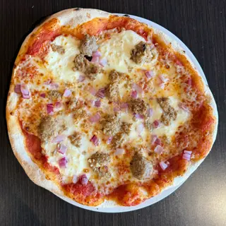 The Ricotta Meatball, a Longshot specialty pizza seen from above: house Marinara, Mozzarella & Provolone, Meatball, Garlic, Red Onion, Ricotta Dollops, on a blistered brick-oven crust